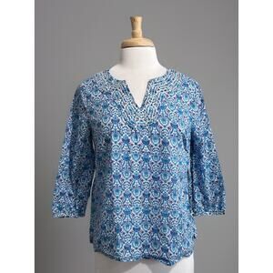 Talbots Women's MP Blue Batik Floral Light Cotton Tunic Top Blouse 3/4 Sleeve